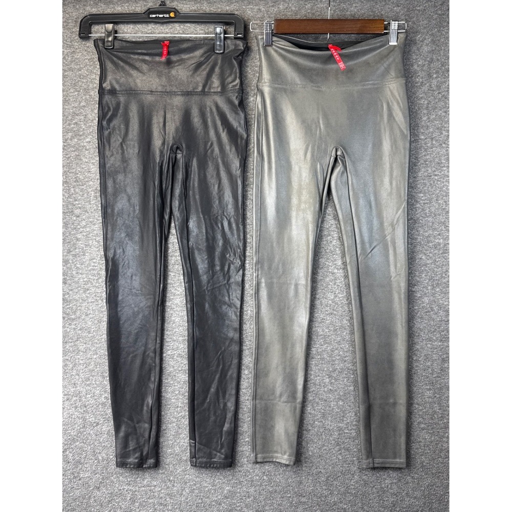 Bundle of 2 Spanx Faux Leather Leggings Black Metallic Pewter Size Medium Party‎